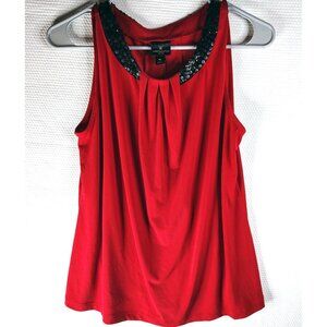 Worthington Women Petite PL Sleeveless Red Top Black Sequin Neck & Back